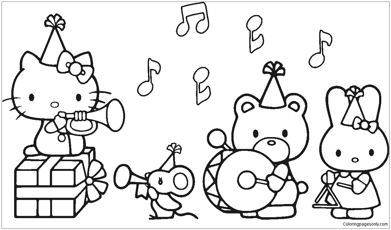 Hello Kitty With her friends in the Birthday party Coloring Pages