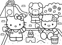 Dibujo para colorear de Hello Kitty construyendo un castillo de arena en el parque