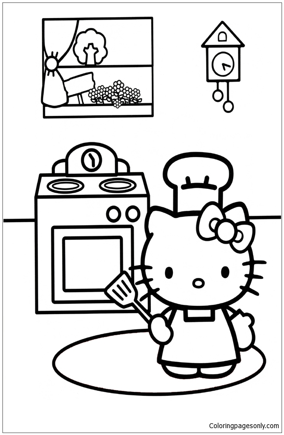 Hello Kitty Cooking In The Kitchen Coloring Pages