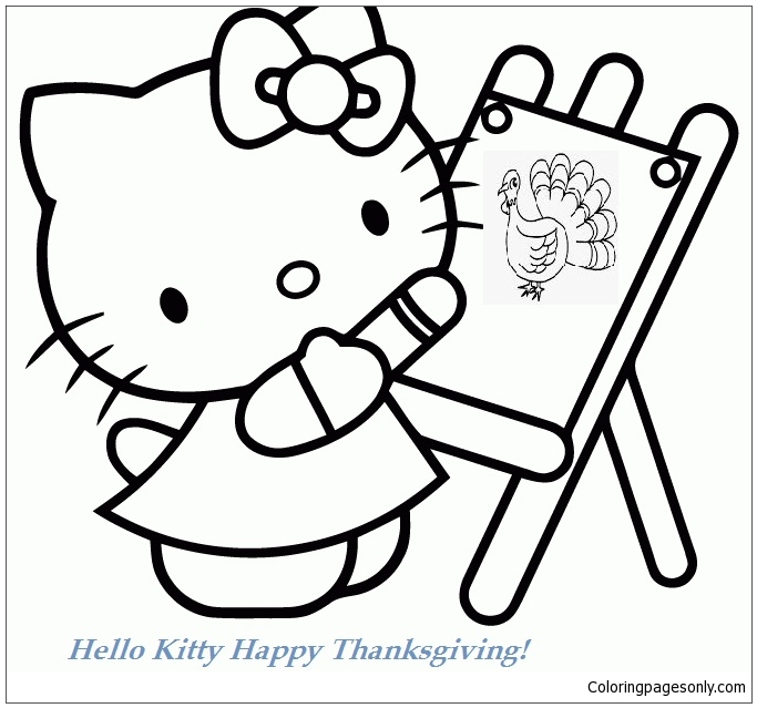 Hello Kitty Drawing Turkey In Thanksgiving Day Coloring Page