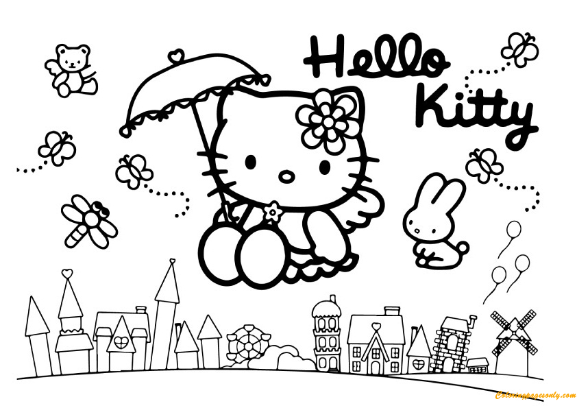 Hello Kitty fliegt mit Freunden durch eine Stadt von Hello Kitty