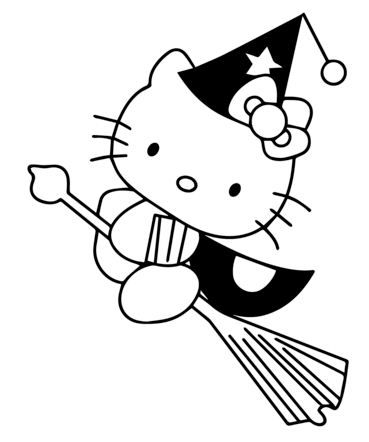 Hello Kitty Flying On Broom Coloring Page