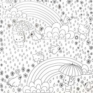 Dibujo de Hello Kitty retozando bajo la lluvia para colorear
