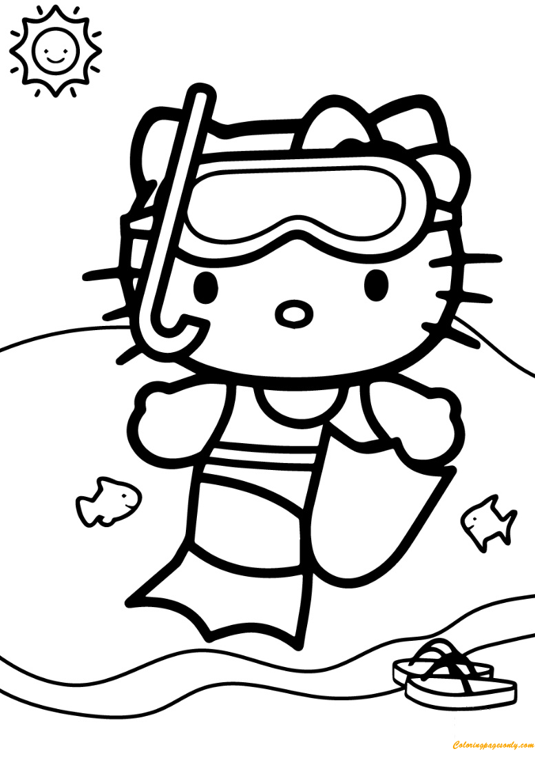  Hello  Kitty  Goes For A Swim Coloring  Page  Free Coloring  