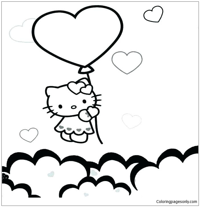 Hello Kitty Is Flying With Heart Balloons Coloring Pages