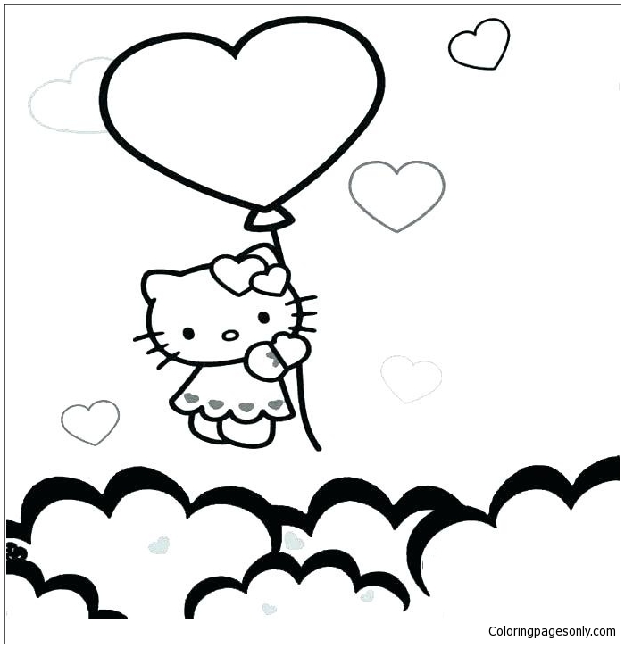 Hello Kitty is Flying With Heart Balloons Coloring Pages - Cartoons