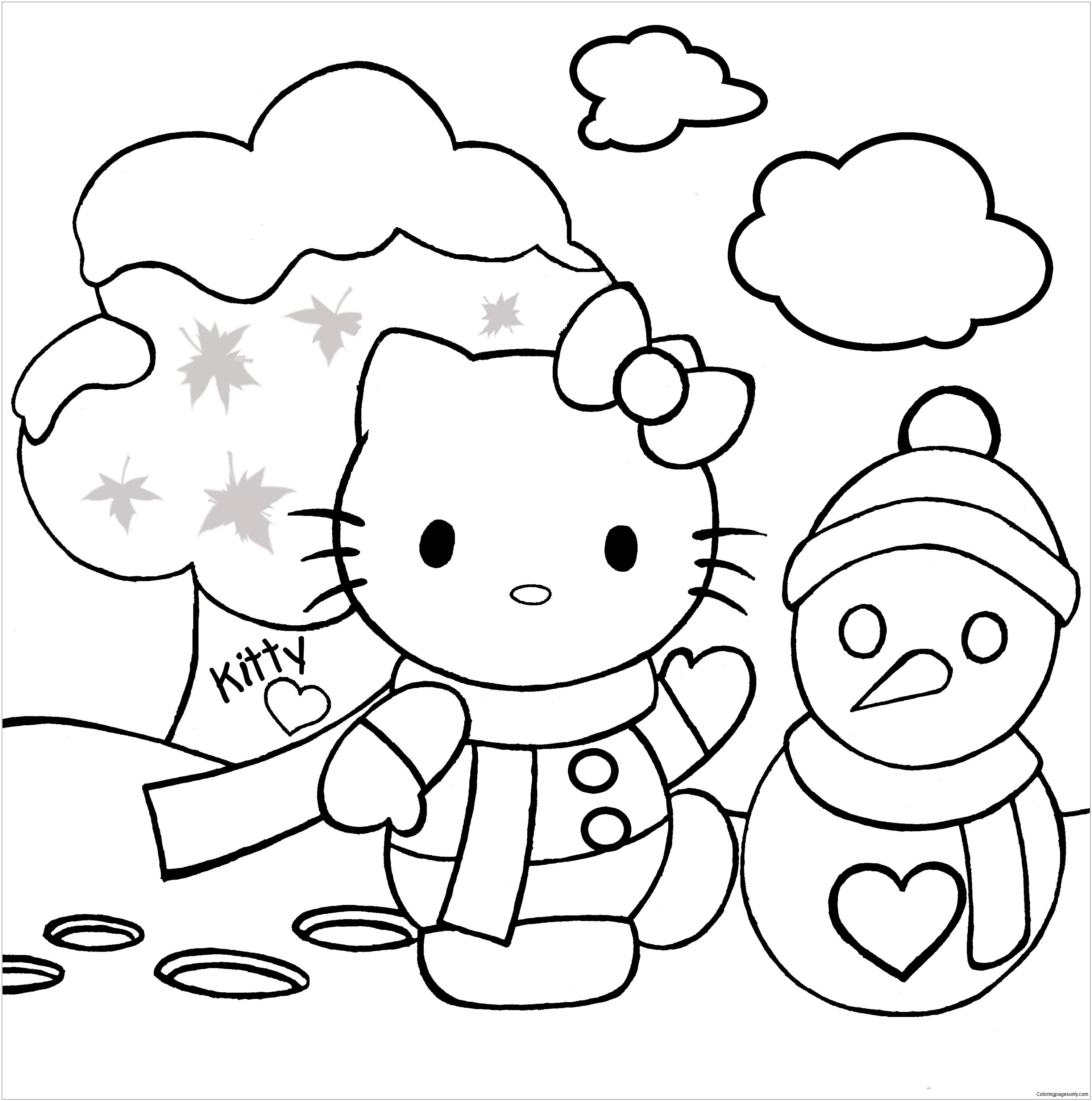 Hello Kitty making a Snowman Coloring Pages