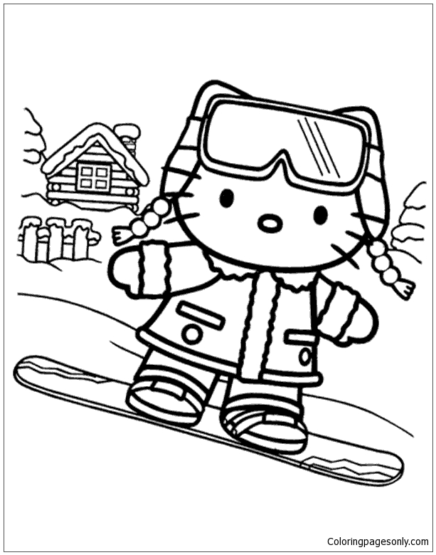 Hello Kitty On Snowboard Coloring Pages