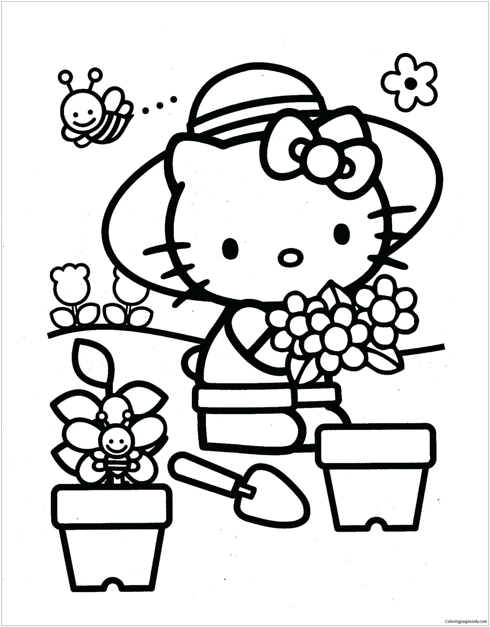 Hello Kitty planting flowers Coloring Pages   Cartoons Coloring ...