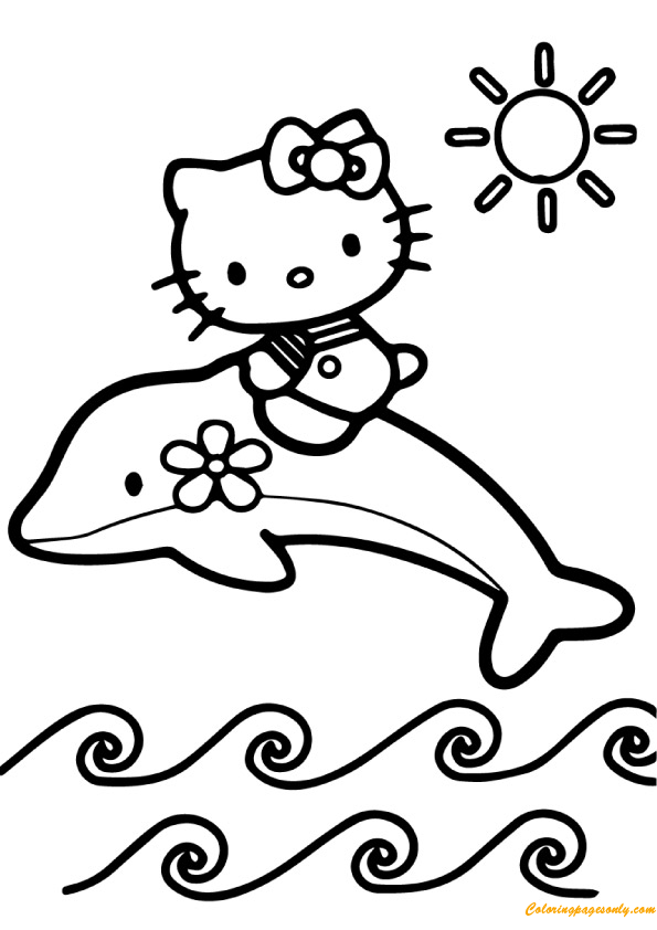 Hello Kitty Playing With Dolphin Coloring Page