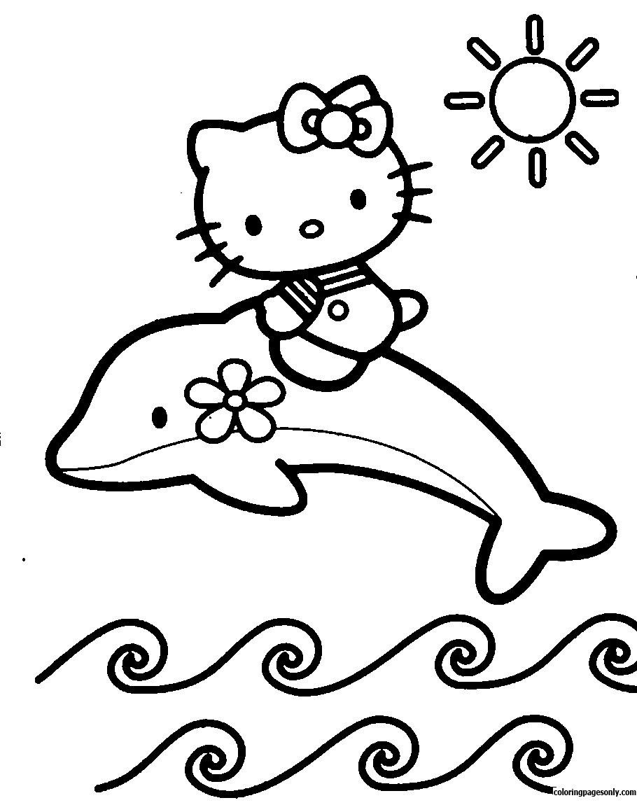 Hello Kitty che gioca con i delfini da colorare