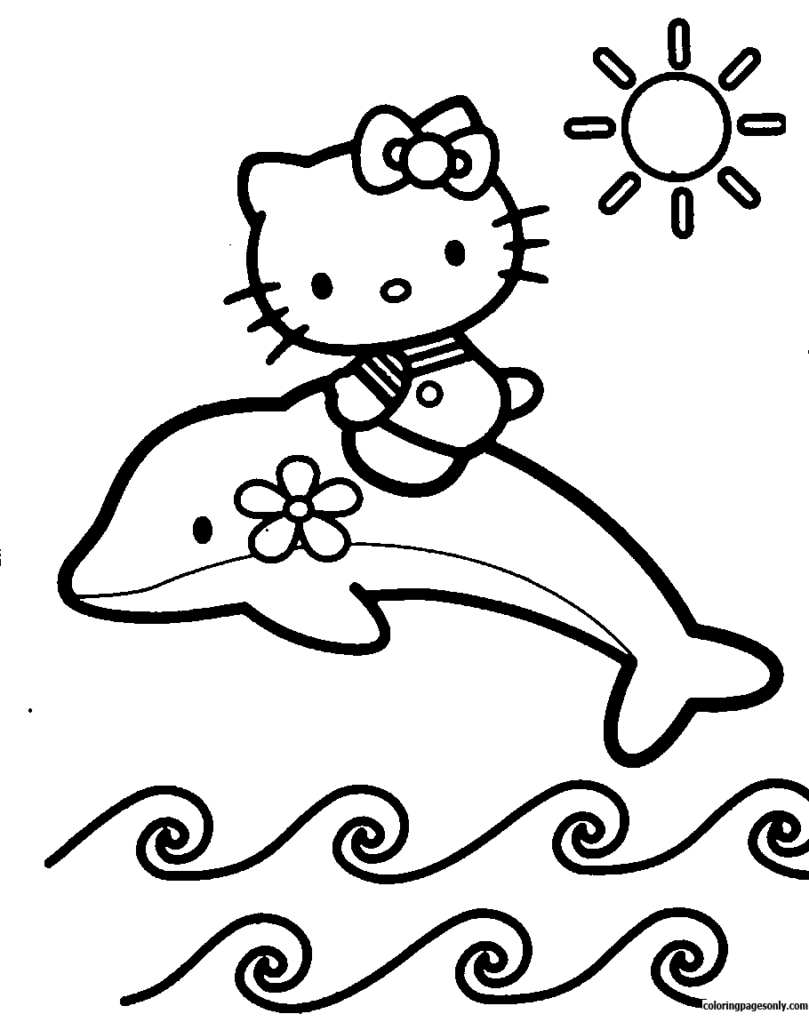 Hello Kitty Playing With Dolphins Coloring Page