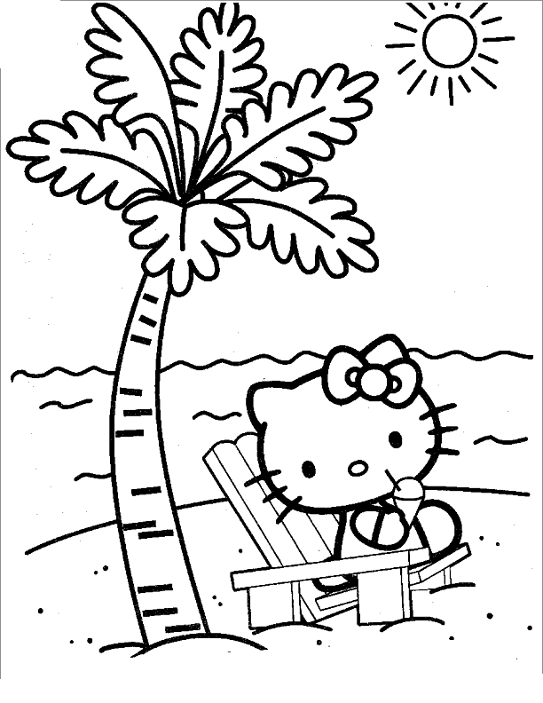 Hello Kitty Relaxes On The Beach Coloring Pages