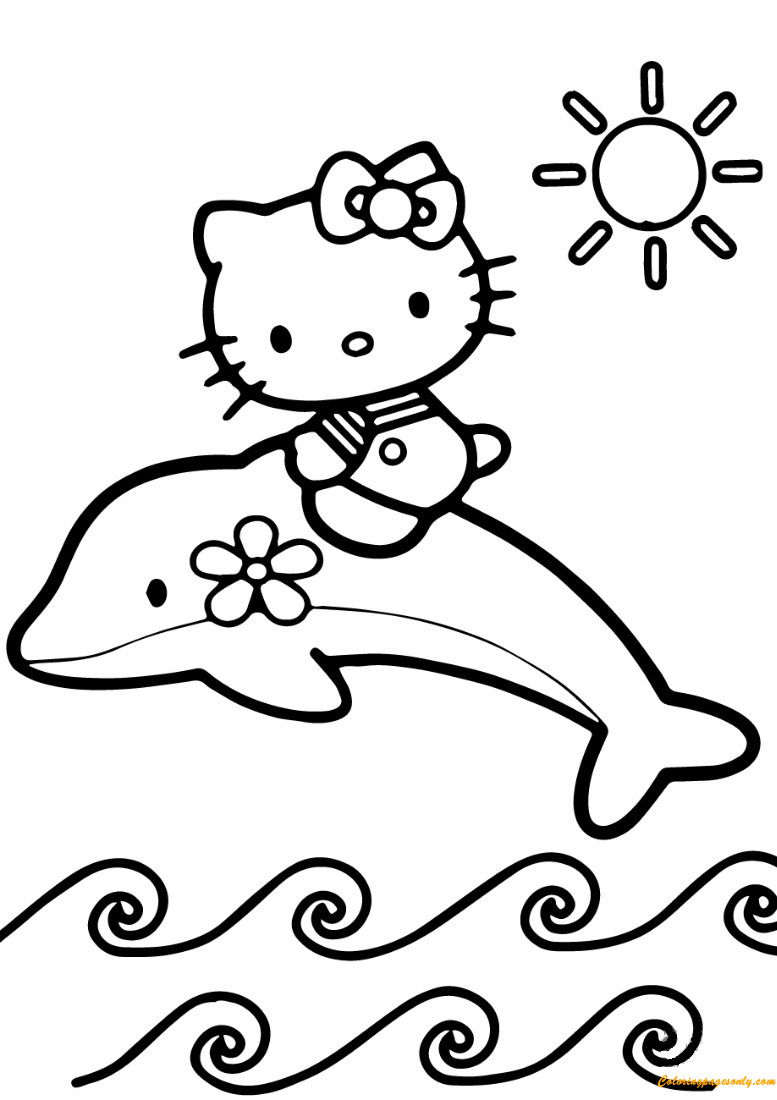 Hello Kitty Rides A Dolphin Coloring Page