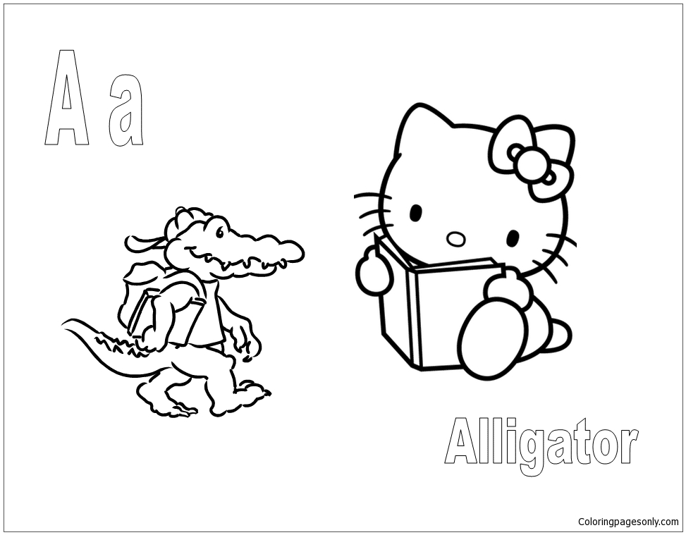 Hello Kitty With Alphabet A Is For The Alligator Coloring Pages