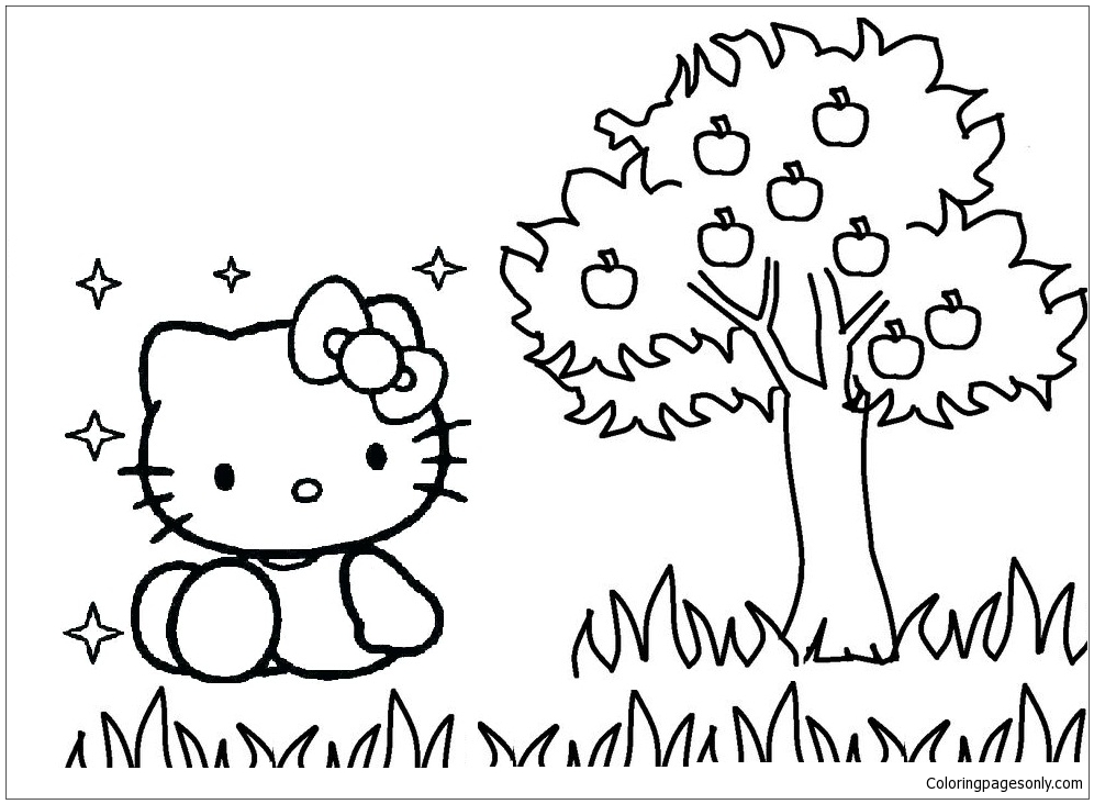 Hello Kitty With Apple Tree Coloring Pages