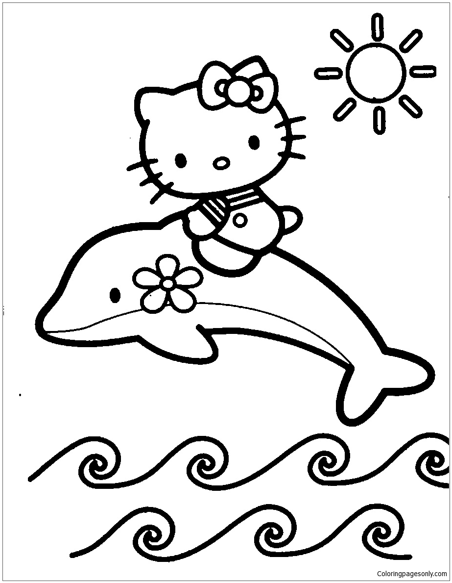 Hello Kitty with Dolphin Coloring Page