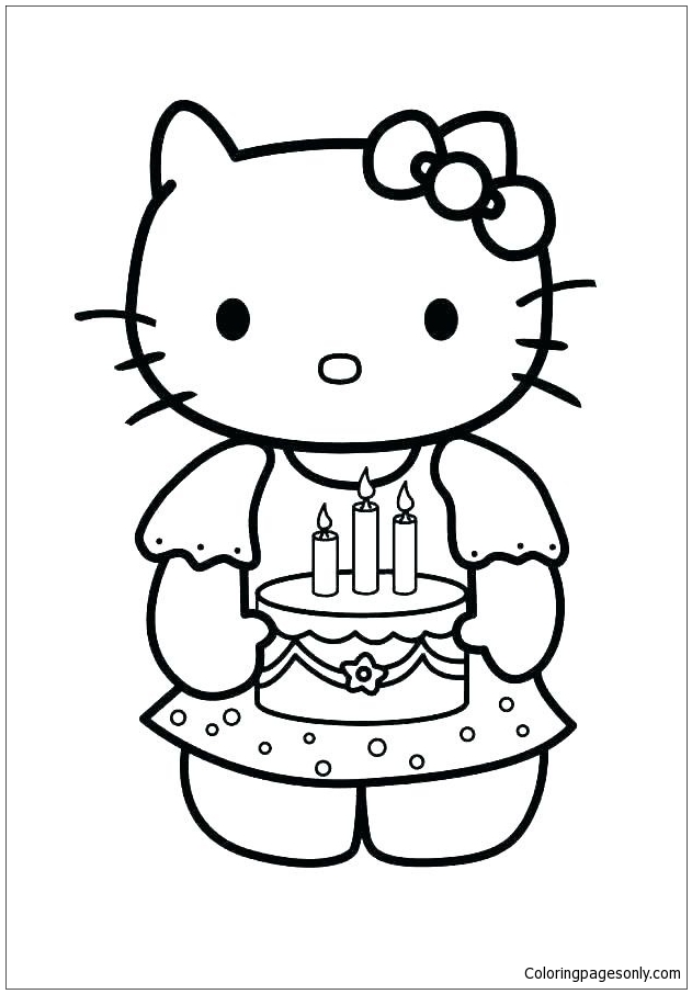 Hello Kitty With Her Birthday Cake Coloring Pages - Cartoons Coloring