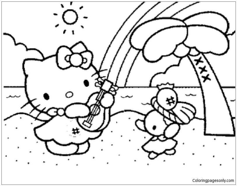 Hello Kitty with her friend on the beach Coloring Page - Free Coloring
