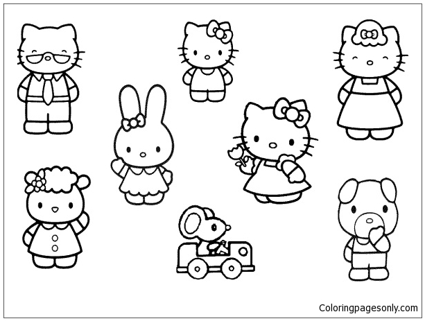 Hello Kitty With Her Friends And Family Coloring Page Free Coloring Pages Online