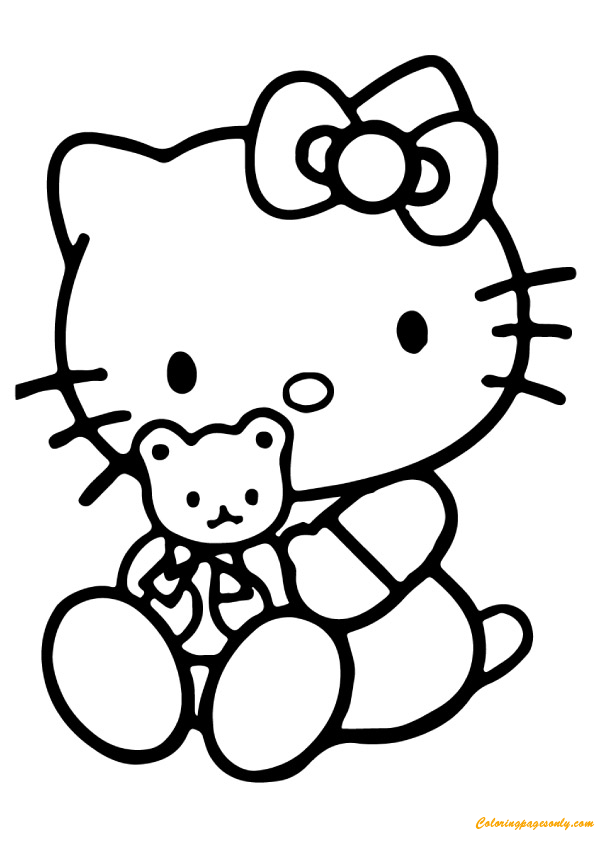 Hello Kitty With Her Teddy Bear Coloring Pages - Cartoons Coloring