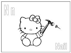 Hello Kitty with letter N is for Nail Coloring Page