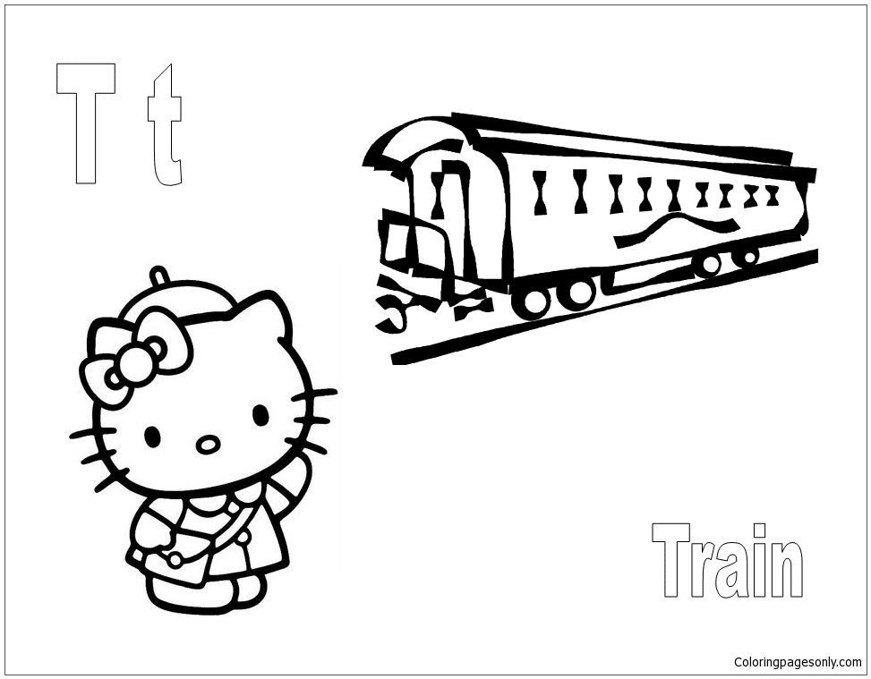 Hello Kitty with letter T is for Train Coloring Pages