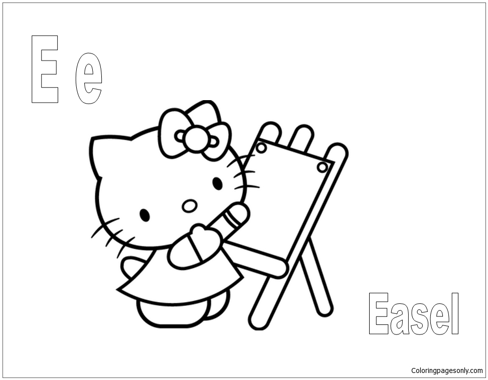Hello Kitty with the letter E is for Easel Coloring Page