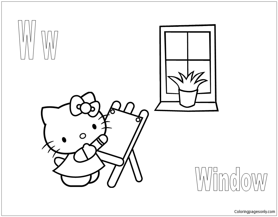 Hello Kitty With The Letter W Is For Window Coloring Pages