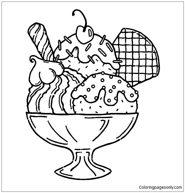 Ice Cream Served With Wafer And Whipped Cream Coloring Page