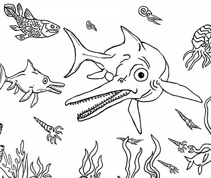 Раскраска динозавров ихтиозавра в океане позднего триаса