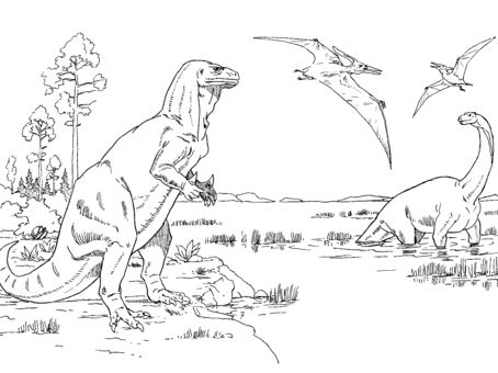 Iguanodon, Cetiosaurus and Pteranodons Coloring Page