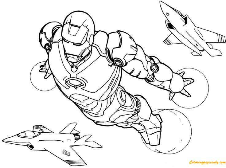 Homem de Ferro voando com avião para colorir página