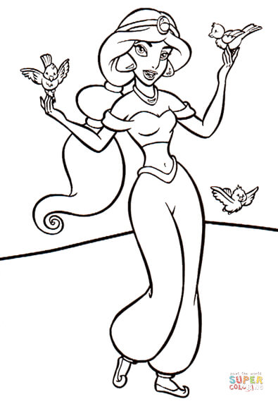 Jasmine With Birds from Aladdin Coloring Page