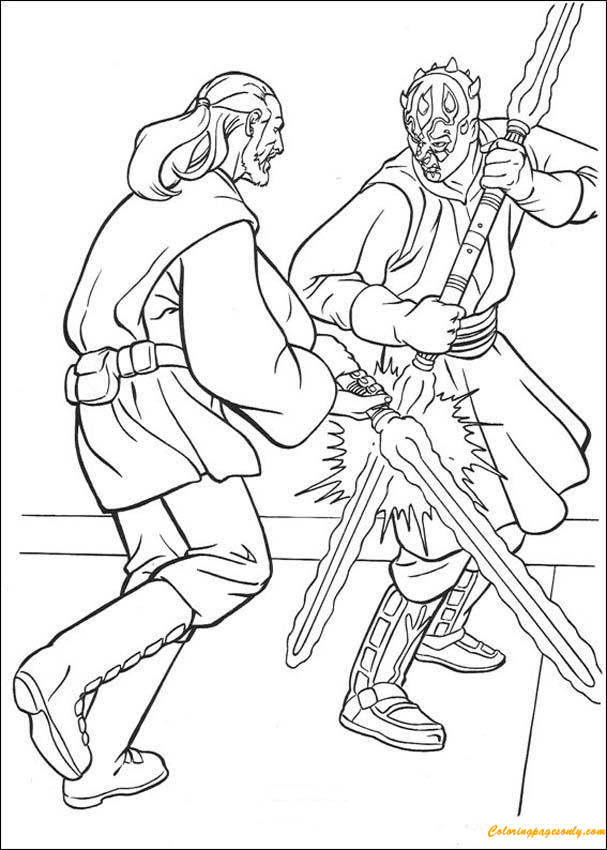 Jedi Knight Qui-Gon Jinn fighting a duel with Darth Maul Coloring Pages