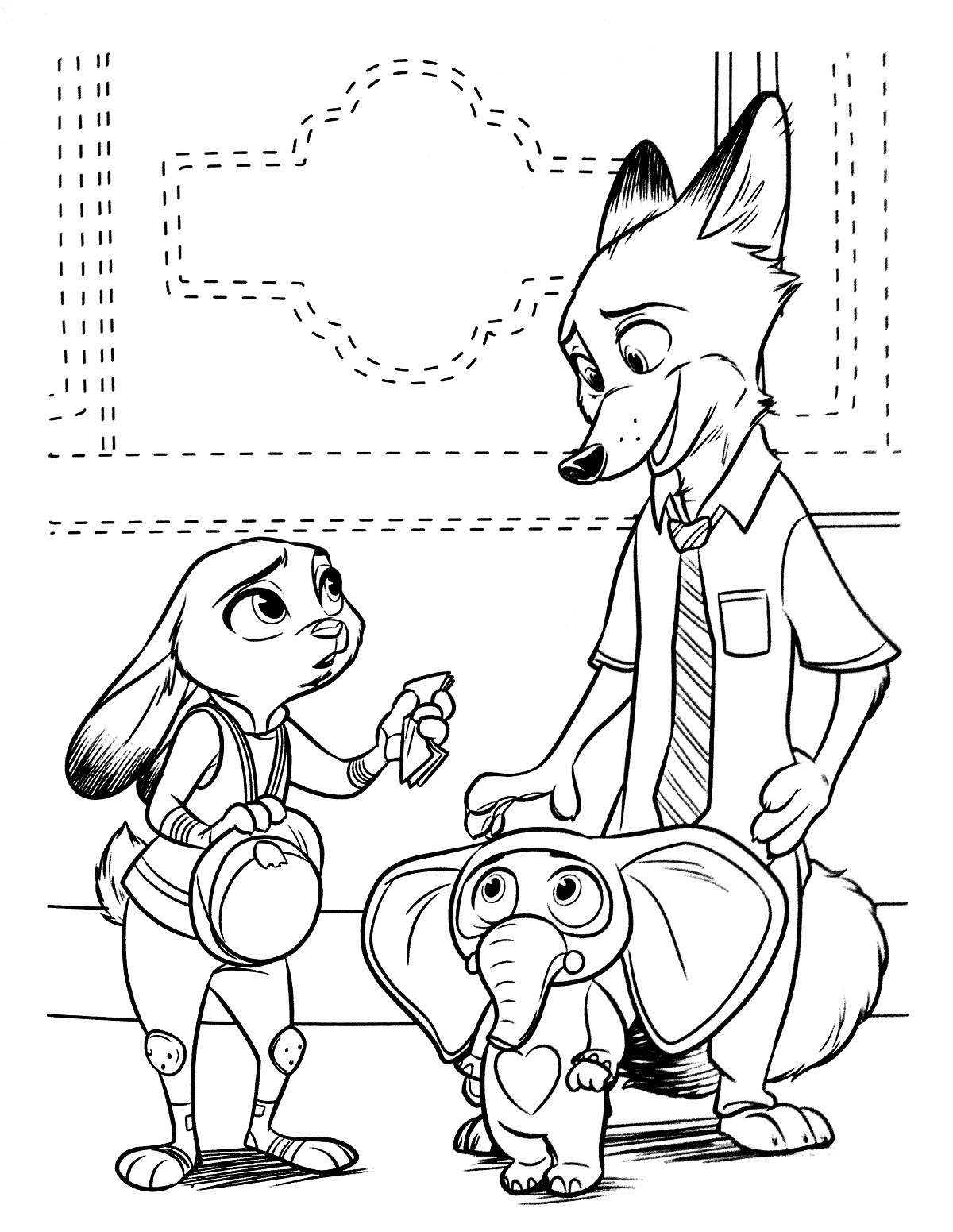 Judy Hopps, Nick Wilde and Finnick Coloring Page