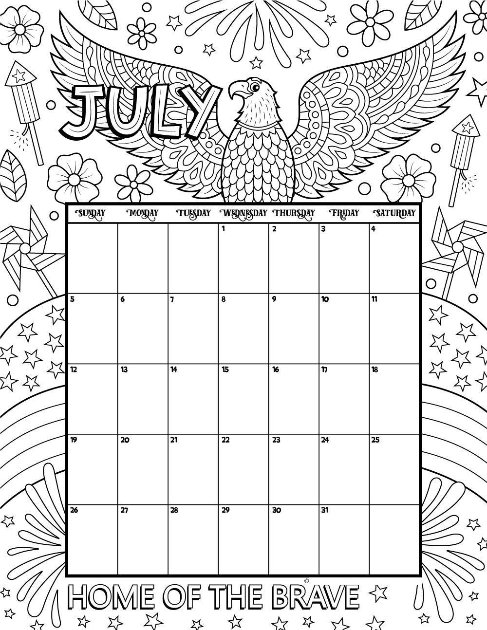 Календарь раскраска июль