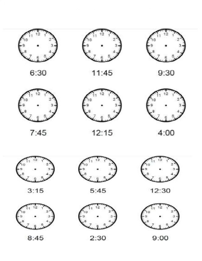 Página para colorir de intervalos de 15 minutos de relógios infantis