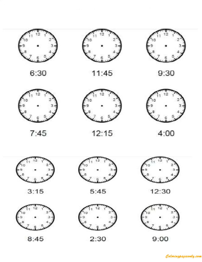 Página para colorir de intervalos de 15 minutos de relógios infantis