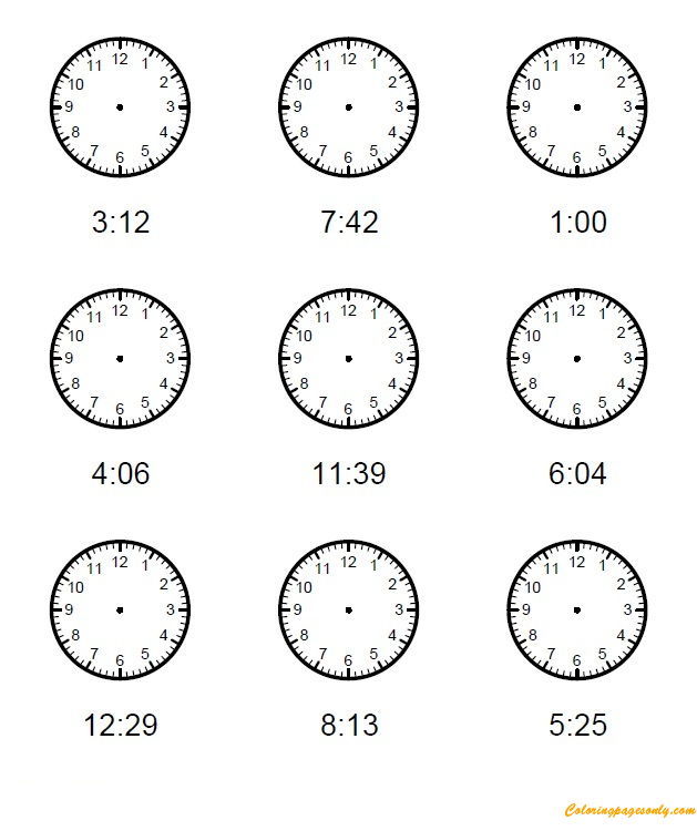 Horloge pour enfants à intervalles d'une minute à colorier