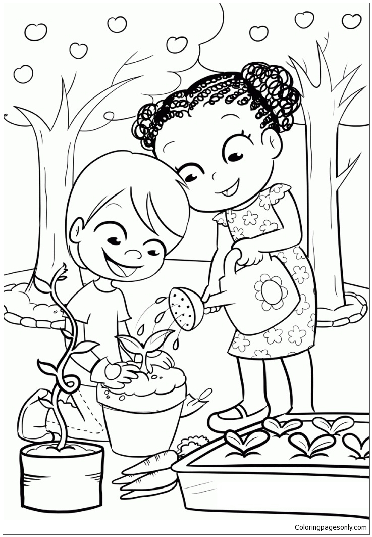 Kids Gardening 1 Coloring Page