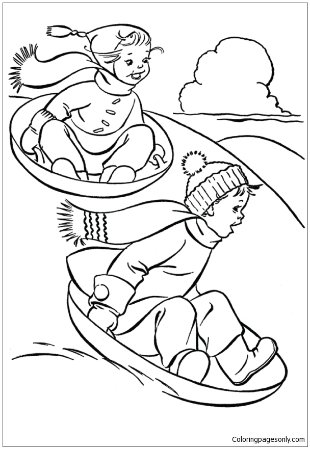 Kids having fun in winter with Sled dog Coloring Pages - Nature