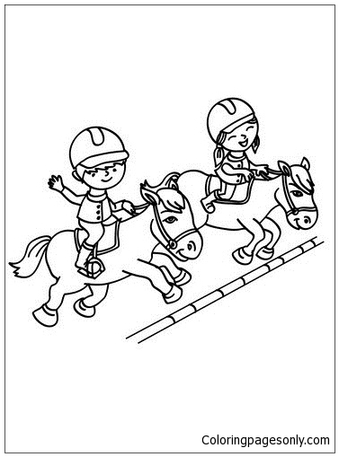 Kids On Jumping Horses Coloring Page