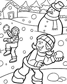 Kids Playing Snow In The Winter Coloring Page