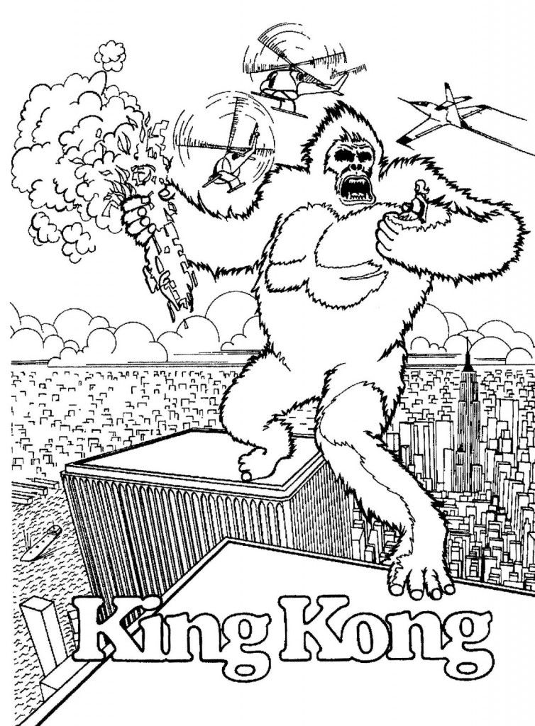 Pagina da colorare di King Kong che combatte in cima agli edifici