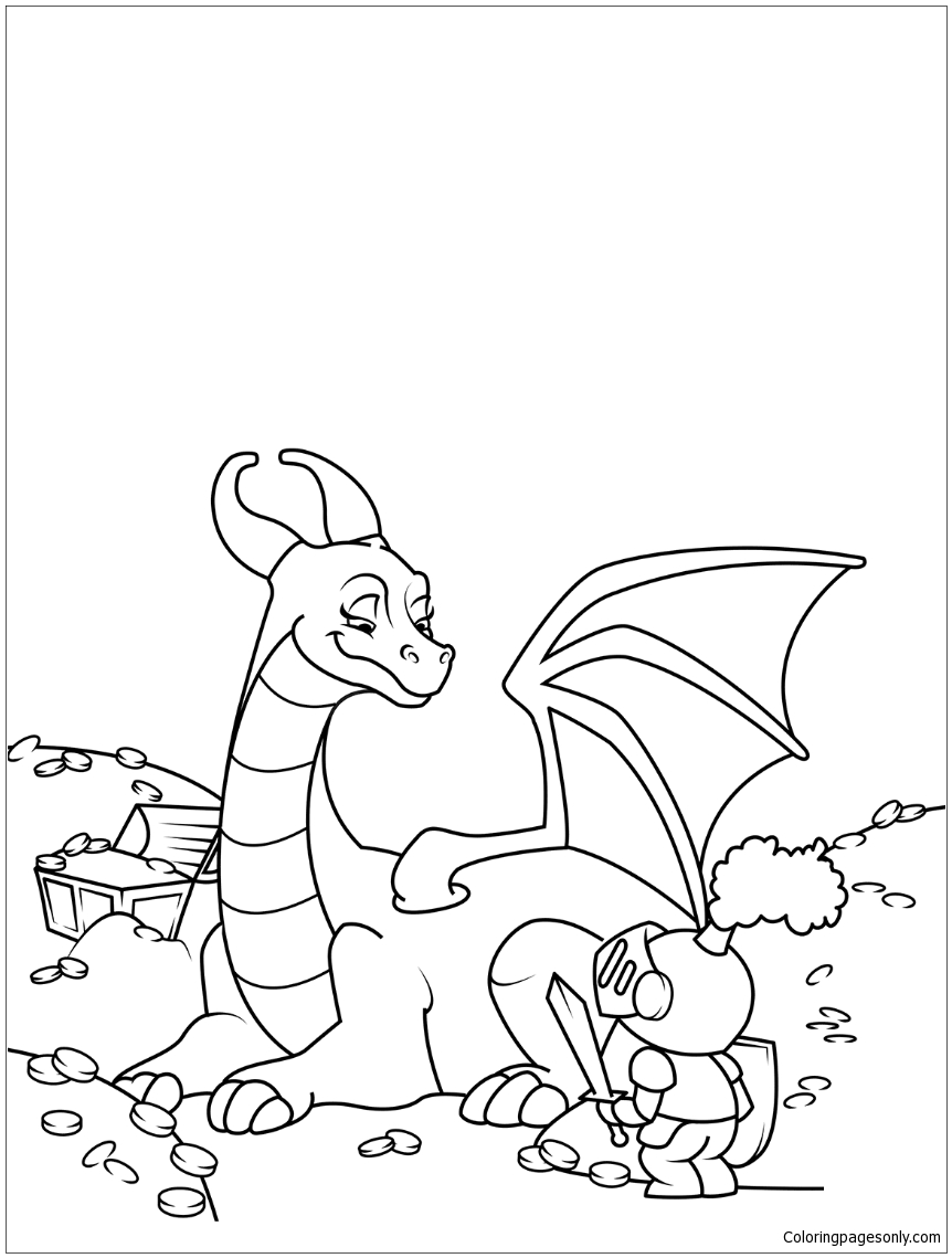 Knight and Dragon Guarding Treasure Coloring Page
