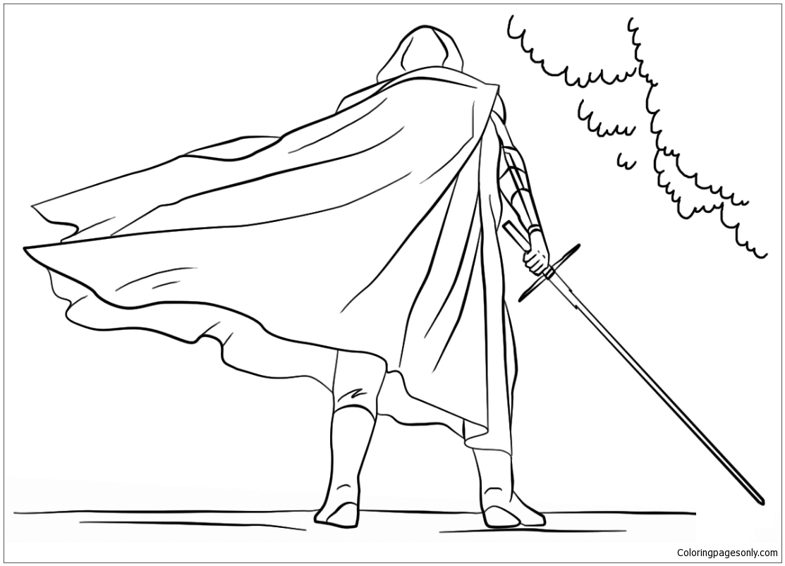 Kylo Ren avec le sabre laser des personnages de Star Wars