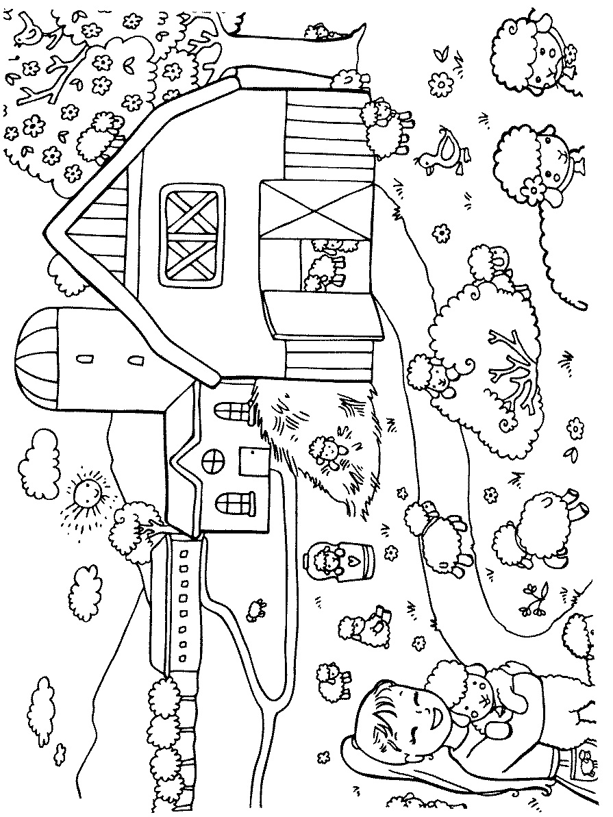Página para colorir de cordeiros no pátio da fazenda