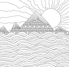 Landscape with sea, mountains and sun Coloring Page