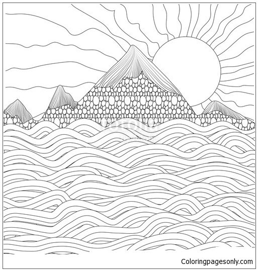 Landschaft mit Meer, Bergen und Sonne aus den Bergen